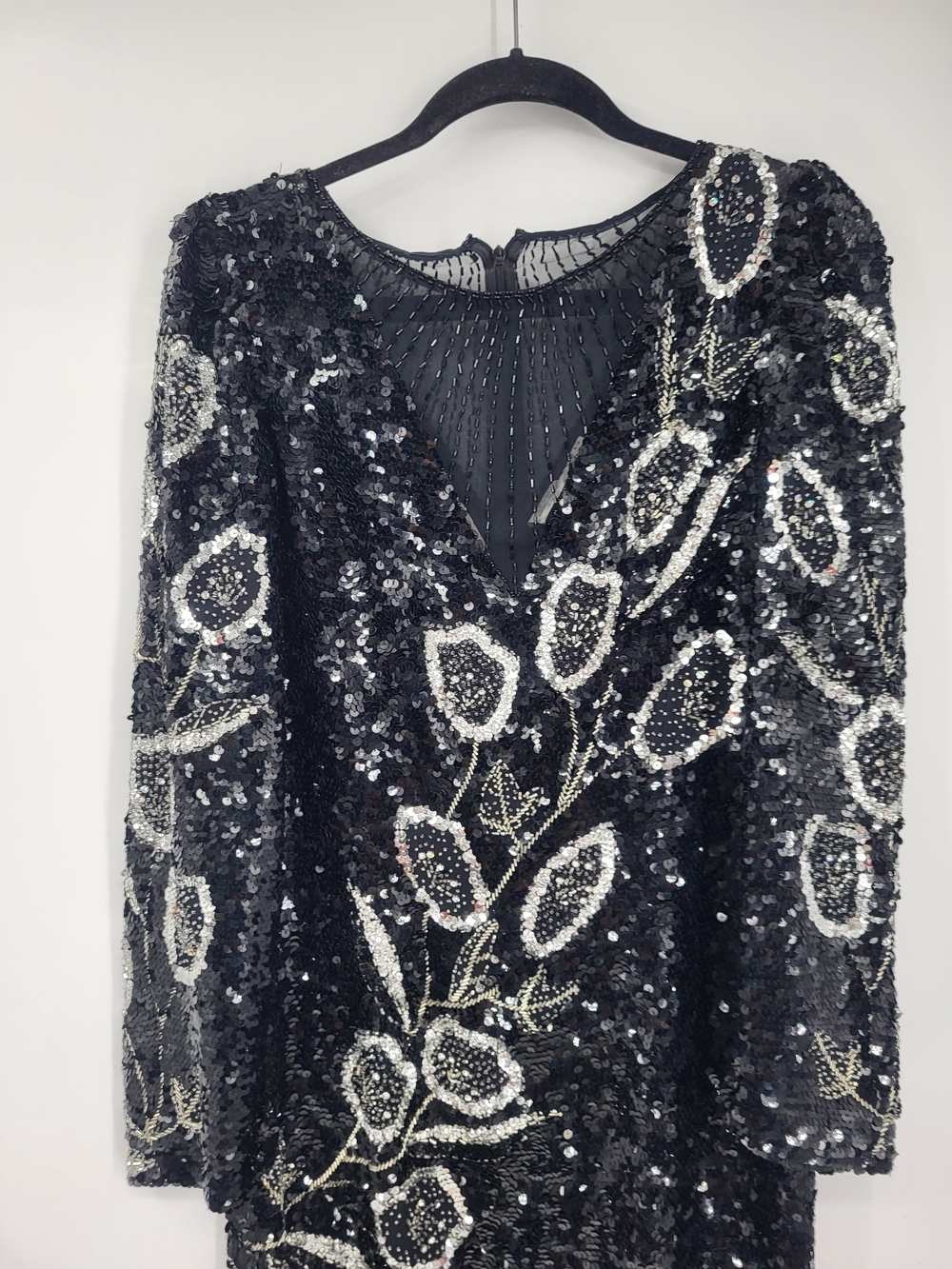 Nadine Vintage Elegant Black Sequin Asymmetrical Dress Silver Floral Sequins 8